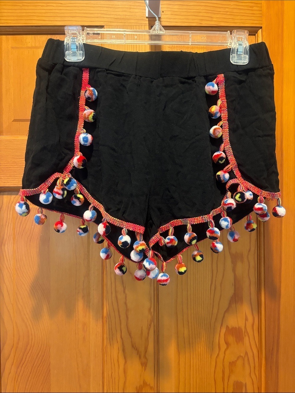 Surf Gypsy Black Multi Color Pom-Pom Festival Style Beach Coverup Shorts - Large